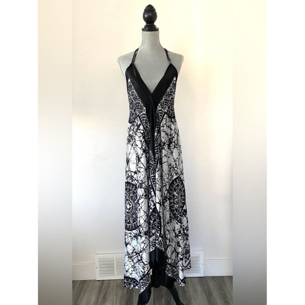 Black & White Silk Scarf Maxi Dress OS Halter  Neck Open Back Chic Rich Florida